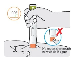 A hand holds an autoinjector at 90 degrees on the skin while a circle with a red cross indicates not to touch the orange protector of the