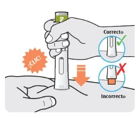 Medical illustration showing a hand holding an autoinjector on skin with two circles indicating correct and incorrect positioning