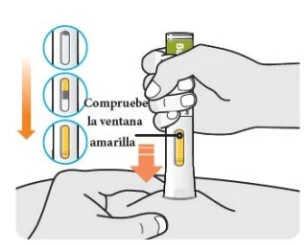 A hand holds an autoinjector placed on the skin while three circles show monitoring of the yellow window with orange arrows