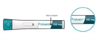 Praluent 150 mg medical device with directional arrow and enlarged detail of the name and dosage text on white and blue background
