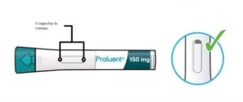 Diagram of a Praluent 150 mg medical device indicating to check the transparent window and an enlarged detail of it with a green checkmark