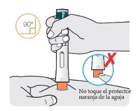 Illustration showing a hand holding an autoinjector at 90 degrees on the skin with a warning not to touch the orange protector