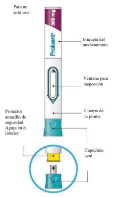 Diagram of a Pruvent injection pen with label, inspection window, pen body, yellow protector, and blue cap at the bottom