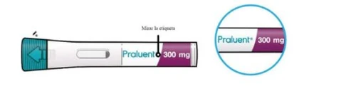Diagram of a Praluent 300 mg injection pen with blue arrow and enlarged detail of the