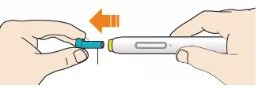 Two hands inserting a white cylindrical medical device into a blue cap with an orange arrow indicating movement to the left