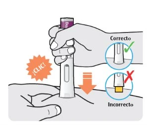 Medical illustration showing a hand pressing an autoinjector on the skin with a green checkmark for correct positioning and a red X for incorrect