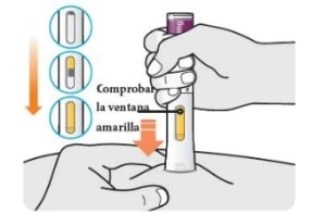 Hand holding an autoinjector above the skin with three circles showing the yellow window changing color and an orange arrow pointing downward