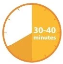 Stylized analog clock with an orange dial indicating a time interval between 30 and 40 minutes on a white background
