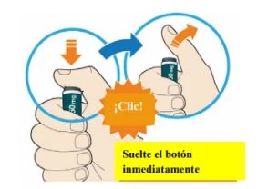 Diagram showing two hands holding a medical device with orange and blue arrows indicating movement and a central 'click'