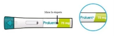 Detail of a Praluent 75 mg injection pen with an arrow indicating to check the