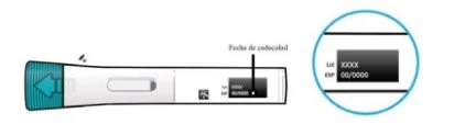 Horizontal medical device with a blue arrow indicator and a section labeled in black with batch codes and expiration date