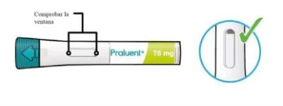 Diagram of a Praluent 75 mg injection pen indicating to check the transparent window to verify contents