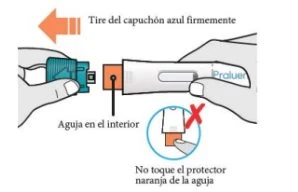 Two hands separating a blue cap from a white medical device with an orange arrow and a warning not to touch the orange shield