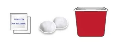Two wipes labeled 'TOALLITA CON ALCOHOL', two white cotton balls, and a red container with white lid