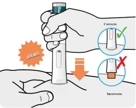 Medical illustration showing a hand pressing an auto-injector on the skin with a green checkmark for correct positioning and a red X for incorrect