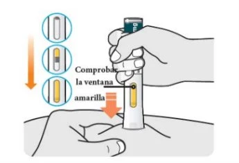 A hand pressing a white medical device against the skin showing three stages of a yellow window moving downward