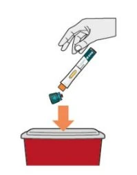 A hand holding a white and blue injection pen above a red sharps disposal container with an orange arrow