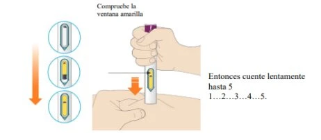 Diagram showing how to check the yellow window of a medical device and count slowly to five during the