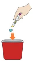 A hand inserting a blue cap into a red sharps disposal container indicated by an orange arrow