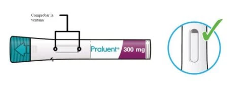 Diagram of a Praluent 300 mg injection pen indicating to check the transparent window and enlarged detail with green checkmark