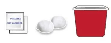 Two white wipes with blue text, two white cotton balls, and a red container with white lid on a white background