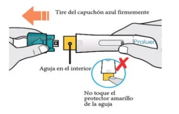 Diagram showing how to remove the blue cap from an injection pen with an orange arrow and the