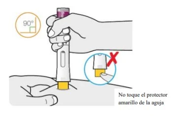 A hand holding an auto-injector vertically at 90 degrees on the skin with a warning indicating not to touch the yellow shield of the