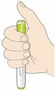 A hand firmly holding a white pen-shaped medical device with green top for