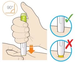 Illustrazione che mostra una mano che impugna un iniettore a 90 gradi sulla pelle con un segno di spunta verde e una croce rossa di errore