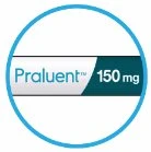 Logo circolare con bordo azzurro e sfondo bianco contenente una fascia orizzontale con la scritta Praluent in azzurro e 150 mg su fondo scuro