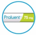 Logo circolare con bordo azzurro contenente una fascia orizzontale con la scritta Praluent in azzurro e 75 mg su sfondo verde chiaro