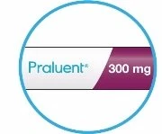 Logo circolare con bordo azzurro contenente il nome del farmaco Praluent in blu su fondo bianco e la dose 300 mg su una fascia viola a destra