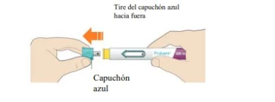 Due mani tengono un dispositivo medico bianco e viola mentre una freccia arancione indica di tirare verso l'esterno per rimuovere il cappuccio