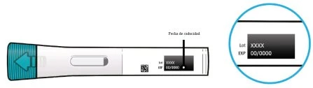 Disegno tecnico di un dispositivo medico bianco con indicazione della freccia azzurra e riquadro nero per lotto e data di scadenza ingrandito