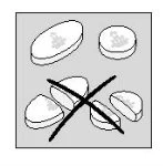Drawing of two whole tablets above four crushed tablet fragments marked with a large black X