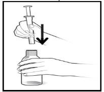 A hand holding a syringe and pushing it downward with a black arrow indicating aspiration of liquid from a vial held in the other hand