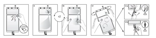 Sequenza di diagrammi medici che illustrano le fasi di preparazione e utilizzo di un dispositivo con mani che lo maneggiano e frecce direzionali