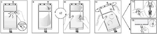 Four-phase diagram illustrating how to manipulate and shake a medical vial with hands to mix the internal contents