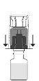 Technical diagram showing a transparent injection device positioned above the neck of a glass vial with arrows indicating downward movement