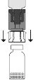 Diagramma tecnico che mostra la rimozione di un tappo superiore da un flacone medico con due frecce nere rivolte verso il basso