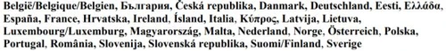 Elenco di vari nomi di paesi europei scritti in diverse lingue come Belgio, Bulgaria, Germania, Italia, Francia, Spagna e altri