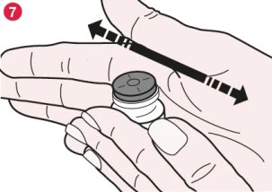 Due mani tengono un piccolo flacone bianco con tappo grigio mentre una freccia nera a doppia punta indica un movimento di scorrimento laterale