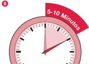 Orologio analogico rosa con lancette che indicano un intervallo di tempo evidenziato in rosso con la scritta 5-10 Minuti e un cerchio numerato 8