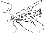 Line drawing showing a hand inserting a sublingual medication strip into a person's mouth near the tongue