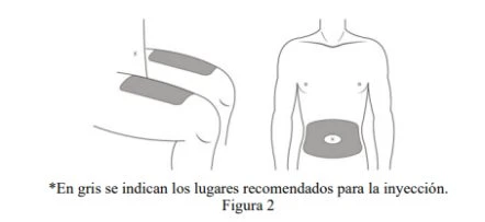 Schematic drawing of a male torso and leg with gray areas indicating recommended injection sites