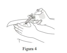 Line drawing of two hands holding a syringe with needle preparing to perform an injection