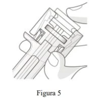 Black-and-white technical illustration showing a hand holding and operating a syringe-shaped medical device with the caption Figure 5