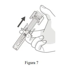 A hand holding a prefilled syringe tilted forward for injection