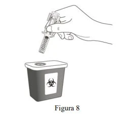 A hand holds a syringe above a biohazard waste container with a biological hazard symbol for safe disposal