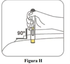 Una mano impugna una penna iniettrice tenendola verticalmente a 90 gradi rispetto alla superficie della coscia per l'iniezione